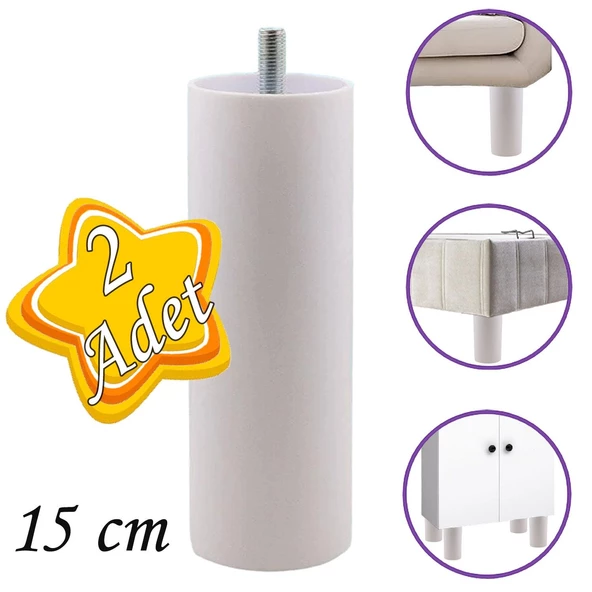 2 Adet Silindir Destek Ayağı 15 cm Beyaz Gizli Ayak M8 Civatalı İnce Diş Mobilya Kanepe Baza Koltuk Ayakları ürün görseli 1