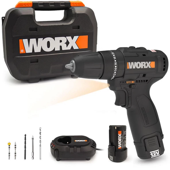 WORX WX121 12Volt/2.0Ah Li-ion Çift Akülü Kömürsüz Profesyonel Şarjlı Darbeli Matkap + 5 Parça Aksesuar