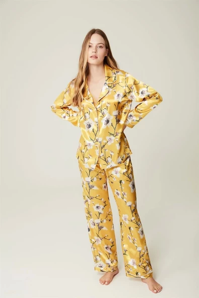 Pijama Takım Saten Gömlek Büstiyer Pantolon Eliane Sarı - 3'lü Set