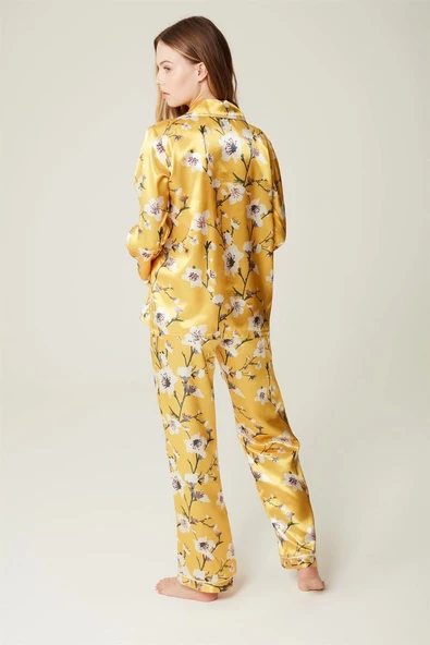 Pijama Takım Saten Gömlek Büstiyer Pantolon Eliane Sarı - 3'lü Set - 2