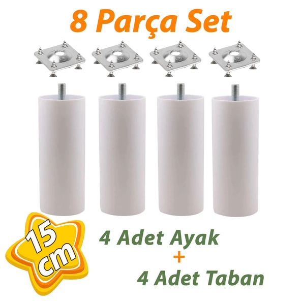 4 Adet Destek Ayağı 15 cm Beyaz ve 4 Adet Düz Ayak Tabanı M8 Civatalı İnce Diş Mobilya Kanepe Baza Seti ürün görseli 1