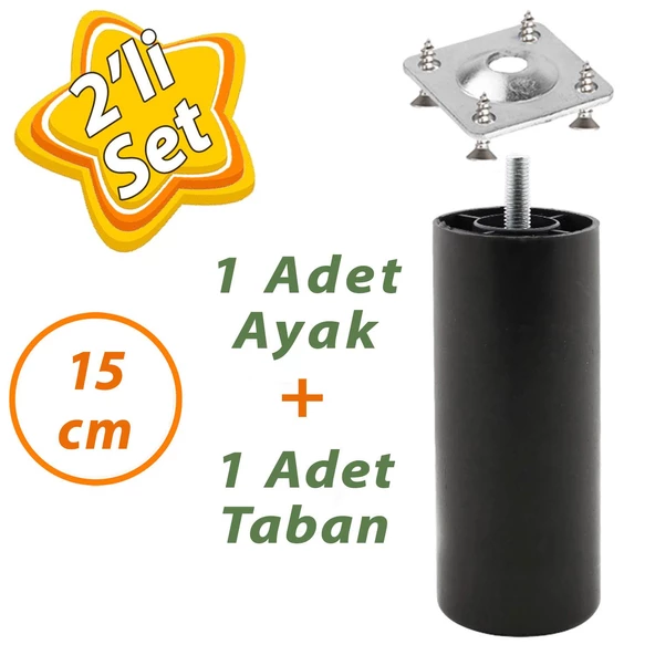Destek Ayağı 15 cm Siyah + Metal Düz Ayak Tabanı M8 Civatalı İnce Diş Mobilya Kanepe Baza Koltuk Seti ürün görseli 1
