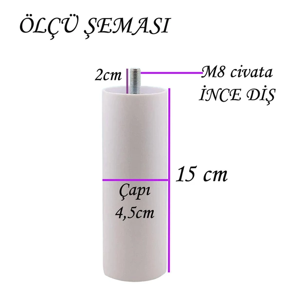 4 Adet Destek Ayağı 15 cm Beyaz ve 4 Adet Düz Ayak Tabanı M8 Civatalı İnce Diş Mobilya Kanepe Baza Seti - Resim 3