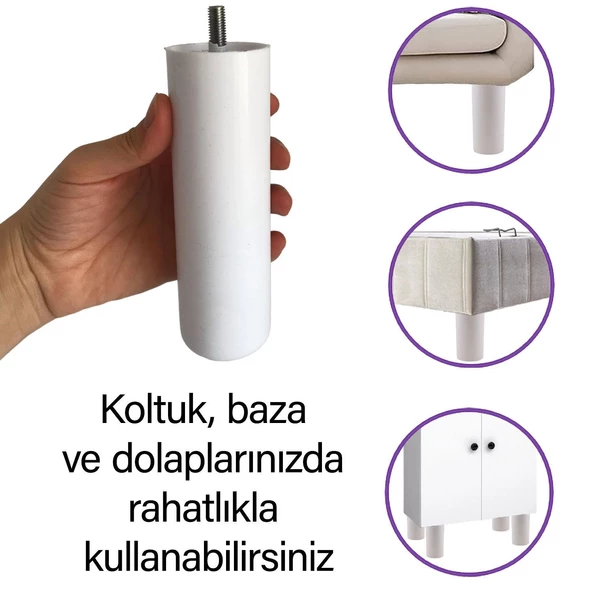 4 Adet Destek Ayağı 15 cm Beyaz ve 4 Adet Düz Ayak Tabanı M8 Civatalı İnce Diş Mobilya Kanepe Baza Seti - Resim 2
