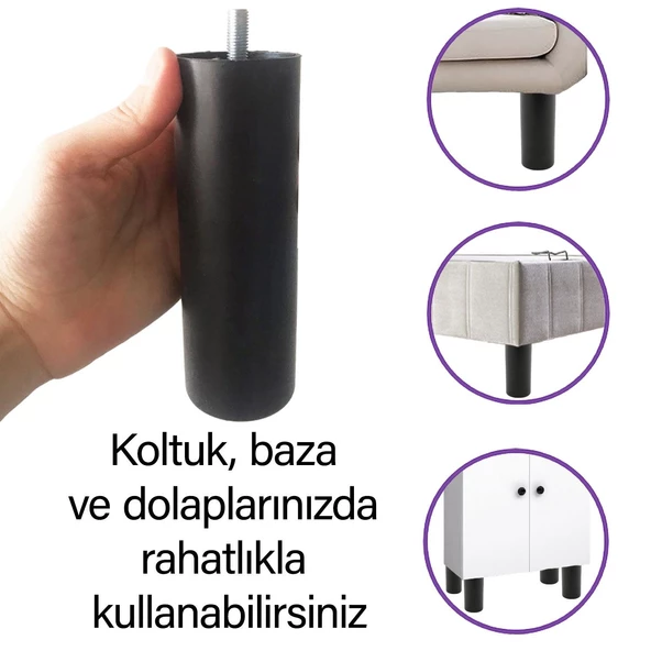 4 Adet Destek Ayağı 15 cm Siyah ve 4 Adet Düz Ayak Tabanı M8 Civatalı İnce Diş Mobilya Kanepe Baza Seti - 2