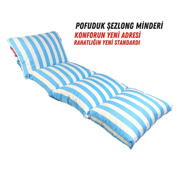 XPERMATE Pofuduk Şezlong Minderi 60x180x12Cm Su İtici,Katlanır,UV Güneş Dayanımı, Fermuar, Mavi Çizgili