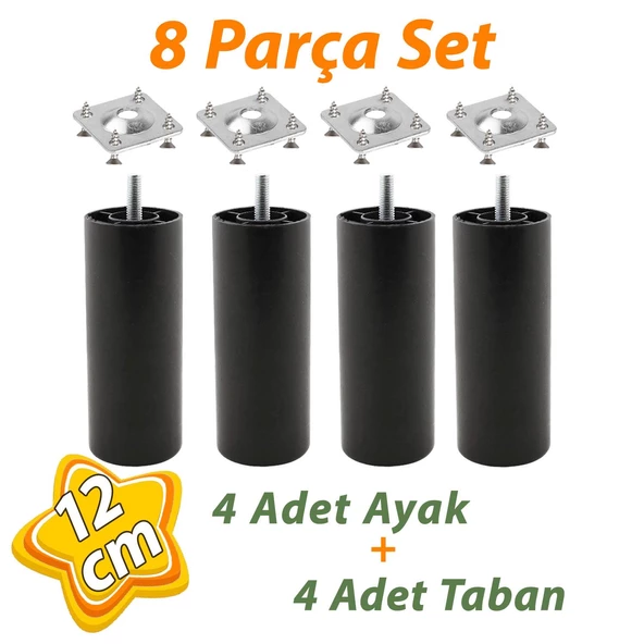 4 Adet Destek Ayağı 12 cm Siyah + 4 Adet Düz Ayak Tabanı M8 Civatalı İnce Diş Mobilya Baza Koltuk Seti