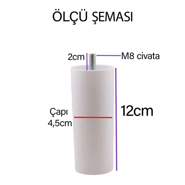 4 Adet Destek Ayağı 12 cm Beyaz ve 4 Adet Düz Ayak Tabanı M8 Civatalı İnce Diş Mobilya Baza Koltuk Seti - Resim 3