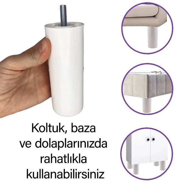 4 Adet Destek Ayağı 12 cm Beyaz ve 4 Adet Düz Ayak Tabanı M8 Civatalı İnce Diş Mobilya Baza Koltuk Seti - Resim 2
