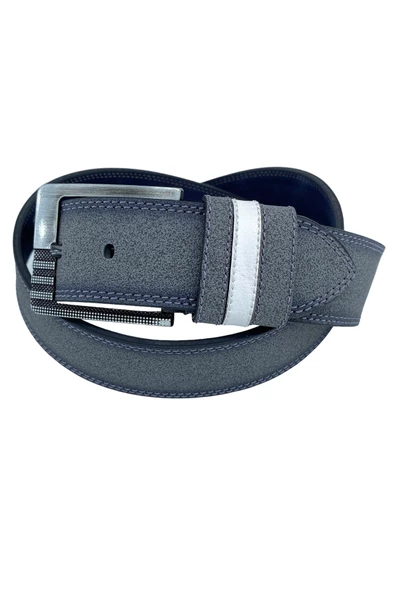 Gri Suni Deri Çift Dikişli 3 Köprülü Model 4.5 Cm.lik Unisex Spor Kemer - 4515-10 - Resim 3