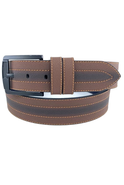 Kahverengi Suni Deri Ortası Sarı Dikişli Model 4.5 cm.lik Unisex Spor Kemer - 4509-10 - Resim 2