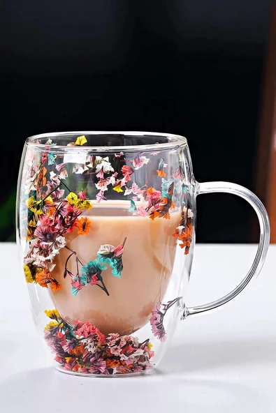 2'li Çift Cidarlı Flower Cup 350ml Çiçekli Bardak Kahve Çay Bardağı El Yapımı Kulplu Cam Bardak Set - 3