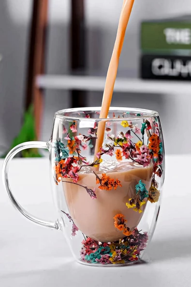 2'li Çift Cidarlı Flower Cup 350ml Çiçekli Bardak Kahve Çay Bardağı El Yapımı Kulplu Cam Bardak Set - 2