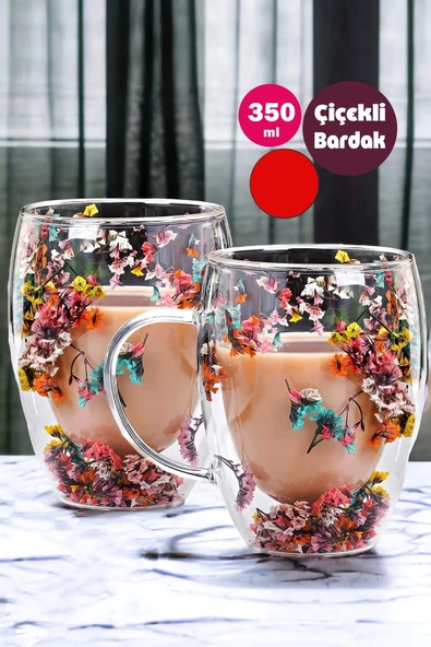 4'lü Çift Cidarlı Flower Cup 350ml Çiçekli Bardak Kahve Çay Bardağı El Yapımı Kulplu Cam Bardak Set - 3