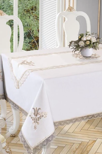 Lale Nakışlı Dantelli Masa Örtüsü Ve Runner 2 Parça - Resim 6