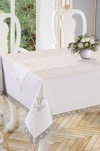 Lale Nakışlı Dantelli Masa Örtüsü Ve Runner 2 Parça - Resim 5