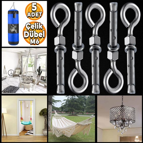 Kancalı Çelik Dübel M6 Salıncak Boks Torbası Avize İçin Gömlekli Kapalı Ağız Kanca 5 ADET ürün görseli 1