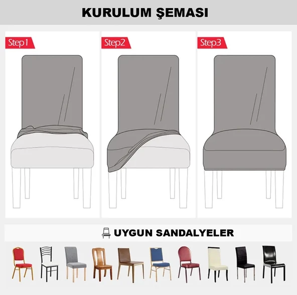 Spandex Mikro Petek Kumaş Likralı Lastikli Tüylenmez 6'lı Sandalye Kılıfı Kaliteli Sandalye Örtüsü - 5
