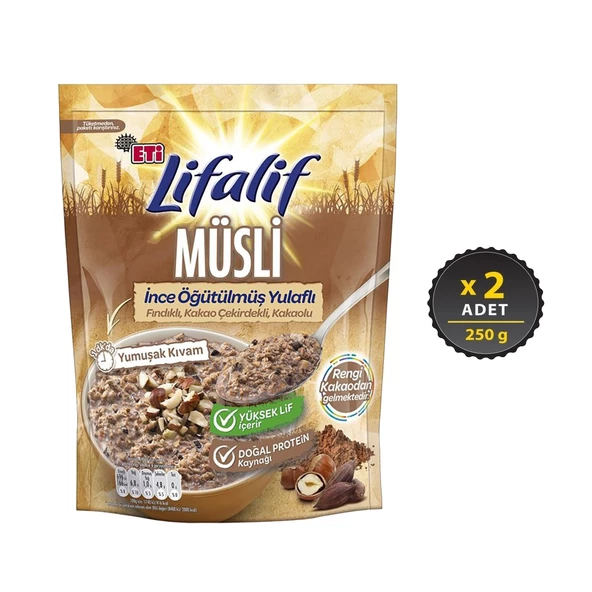 Eti Lifalif İnce Öğütülmüş Yulaflı Fındıklı, Kakao Çekirdekli, Kakaolu Müsli 250 g x 2 Adet