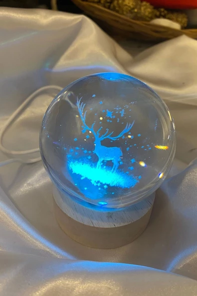 3D Led Işık Cam Küre Çok Işıklı Ahşap Geyik 7 cm - 4