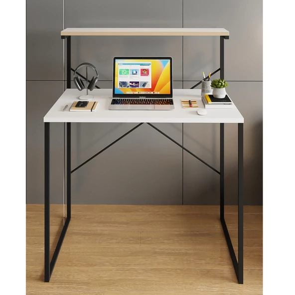 Eportatif Raflı Çalışma Masası 60x90 Ofis Masası Ders Masası Çok Amaçlı Çalışma Masası Beyaz 1309 - 2