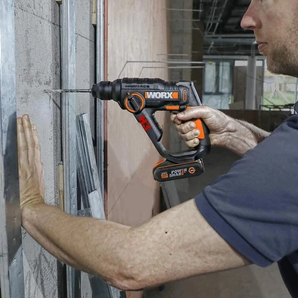 WORX WX390.1 20Volt 2.0Ah. Li-ion 1.2J Profesyonel SDS-Plus Pnömatik Çift Akülü Şarjlı Matkap + 8 Adet Uç + Mandren - 4
