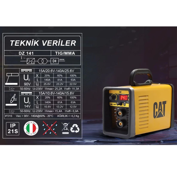 CAT DZ141T 140 Amper TIG LIFT/MMA Çanta Tipi Profesyonel Dijital İnverter Kaynak Makinesi + CAT DX37 Avuç Taşlama - 2