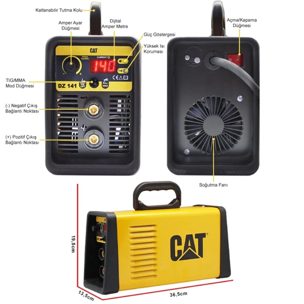 CAT DZ141T 140 Amper TIG LIFT/MMA Çanta Tipi Profesyonel Dijital İnverter Kaynak Makinesi + CAT DX37 Avuç Taşlama - 8