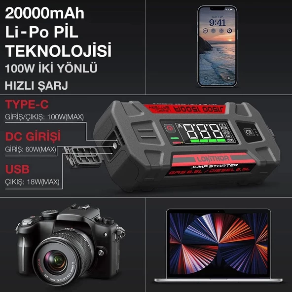 Lokithor J1500 12V 1500Amp LiFePO4 Akıllı Akü Takviye + Powerbank + Led Lamba - 7