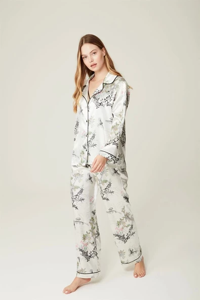 Pijama Takım Saten Gömlek Pantolon Susanne 2'li Soft Grey Takım Gecelik - 2