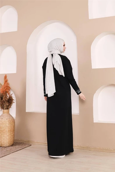 Taş Detaylı Fermuarlı Cepli Uzun Ferace - 71181.003 - Siyah - 10