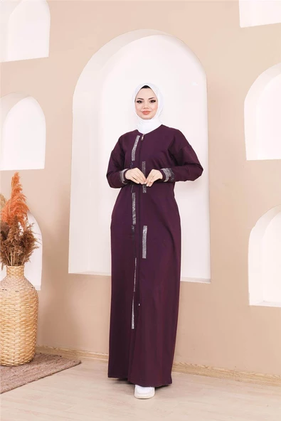 Taş Detaylı Fermuarlı Cepli Uzun Ferace - 71181.020 - Mürdüm - 3