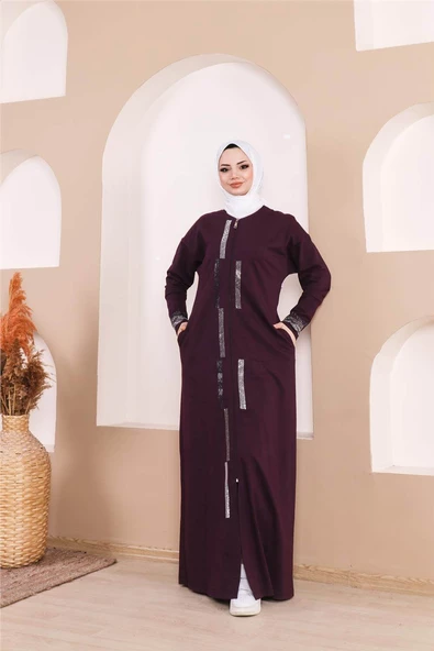 Taş Detaylı Fermuarlı Cepli Uzun Ferace - 71181.020 - Mürdüm - 8