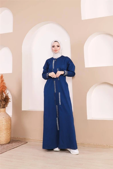 Taş Detaylı Fermuarlı Cepli Uzun Ferace - 71181.006 - İndigo - 4