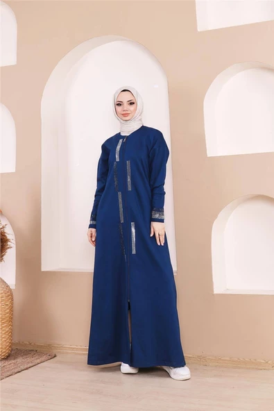 Taş Detaylı Fermuarlı Cepli Uzun Ferace - 71181.006 - İndigo - 8