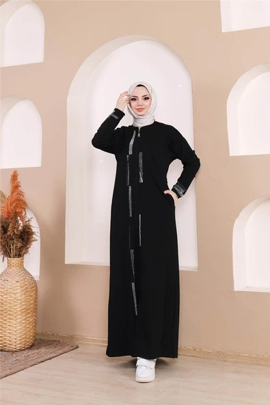 Taş Detaylı Fermuarlı Cepli Uzun Ferace - 71181.003 - Siyah - 2