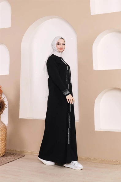 Taş Detaylı Fermuarlı Cepli Uzun Ferace - 71181.003 - Siyah - 4