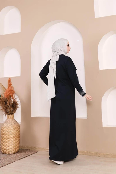 Taş Detaylı Fermuarlı Cepli Uzun Ferace - 71181.015 - Lacivert - 6