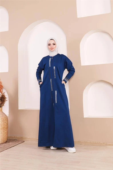 Taş Detaylı Fermuarlı Cepli Uzun Ferace - 71181.006 - İndigo - 2