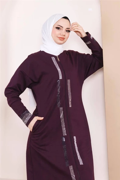 Taş Detaylı Fermuarlı Cepli Uzun Ferace - 71181.020 - Mürdüm - 6