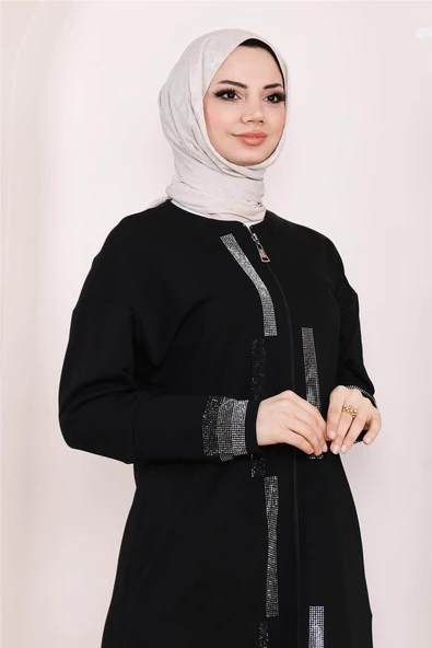 Taş Detaylı Fermuarlı Cepli Uzun Ferace - 71181.003 - Siyah - 9
