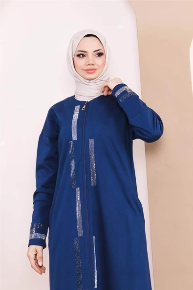Taş Detaylı Fermuarlı Cepli Uzun Ferace - 71181.006 - İndigo - 7