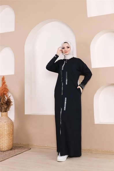 Taş Detaylı Fermuarlı Cepli Uzun Ferace - 71181.015 - Lacivert - 7