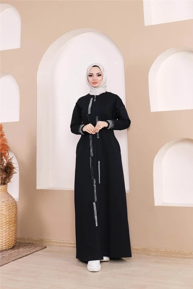 Taş Detaylı Fermuarlı Cepli Uzun Ferace - 71181.015 - Lacivert - 2