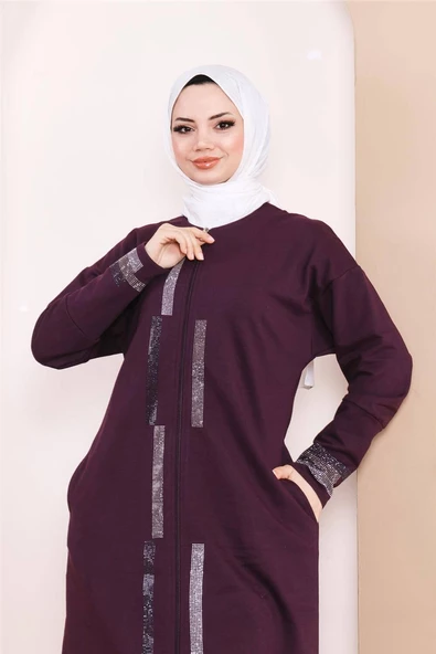 Taş Detaylı Fermuarlı Cepli Uzun Ferace - 71181.020 - Mürdüm - 9