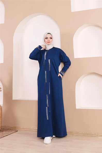 Taş Detaylı Fermuarlı Cepli Uzun Ferace - 71181.006 - İndigo - 5