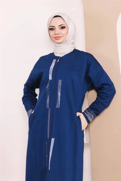 Taş Detaylı Fermuarlı Cepli Uzun Ferace - 71181.006 - İndigo - 11