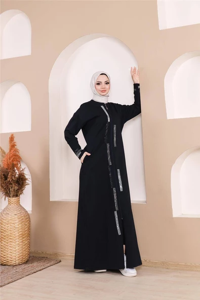 Taş Detaylı Fermuarlı Cepli Uzun Ferace - 71181.015 - Lacivert - 4