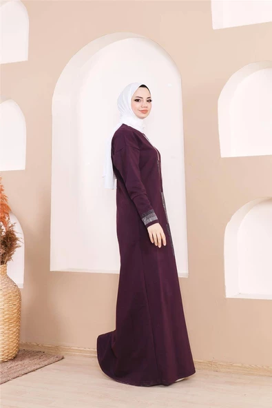 Taş Detaylı Fermuarlı Cepli Uzun Ferace - 71181.020 - Mürdüm - 4