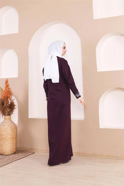 Taş Detaylı Fermuarlı Cepli Uzun Ferace - 71181.020 - Mürdüm - 5